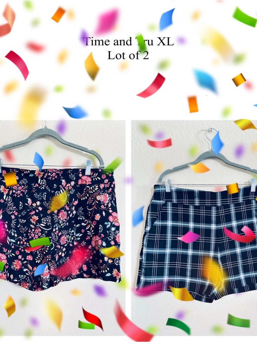 Time and Tru Navy Floral and Black/White Plaid Shorts XL